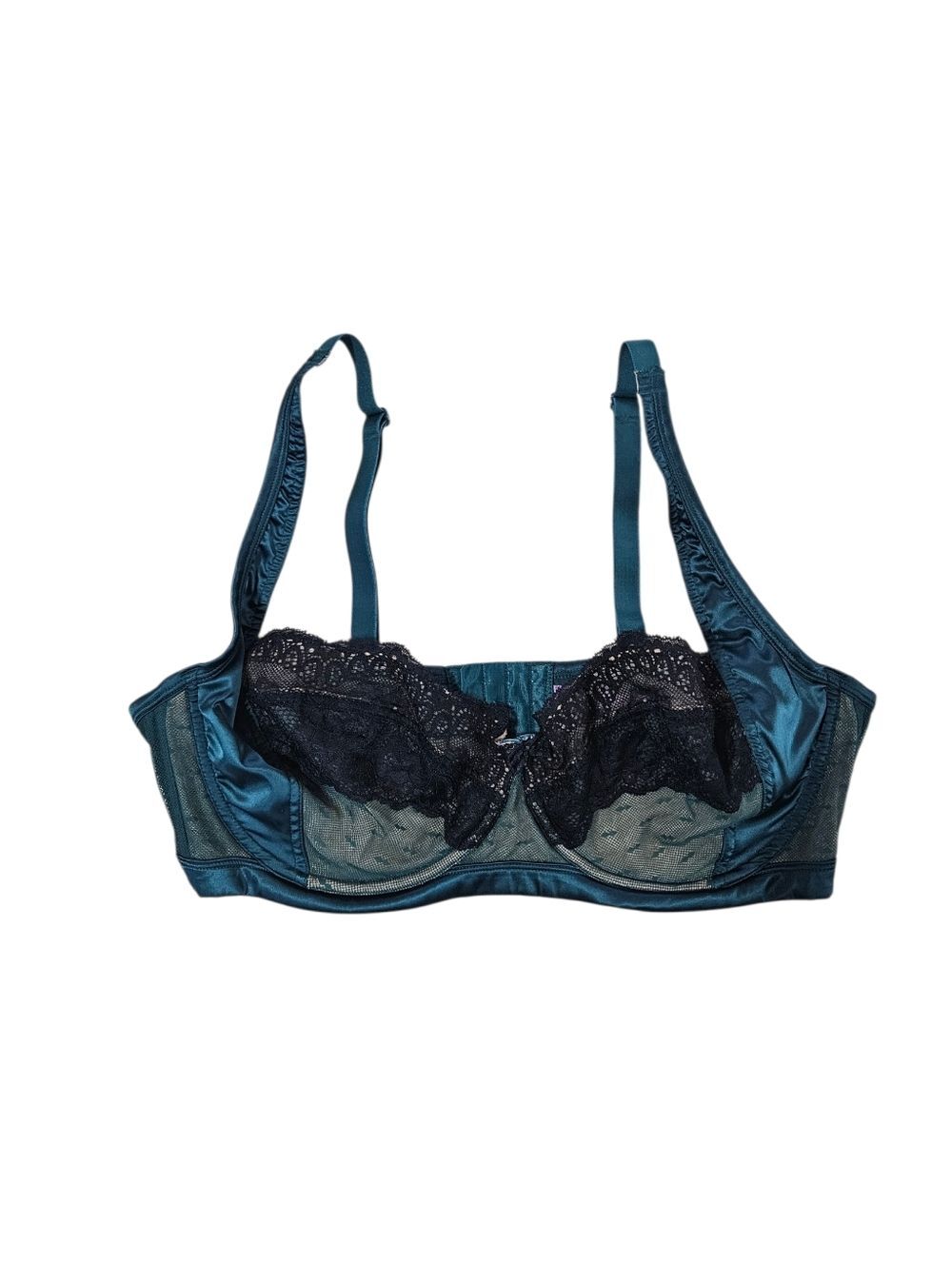 ​Adore Me 38DD Teal & Black Lace Unlined Underwire Bra Sheer Mesh Sexy